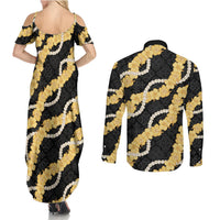 Aloha Melemele Hibiscus Pikake Lei Couples Matching Summer Maxi Dress and Long Sleeve Button Shirt Hawaiian Quilt Pattern