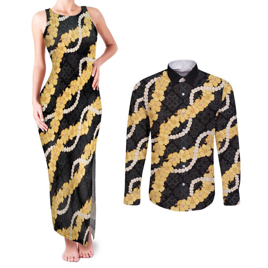 Aloha Melemele Hibiscus Pikake Lei Couples Matching Tank Maxi Dress and Long Sleeve Button Shirt Hawaiian Quilt Pattern LT9 Black - Polynesian Pride