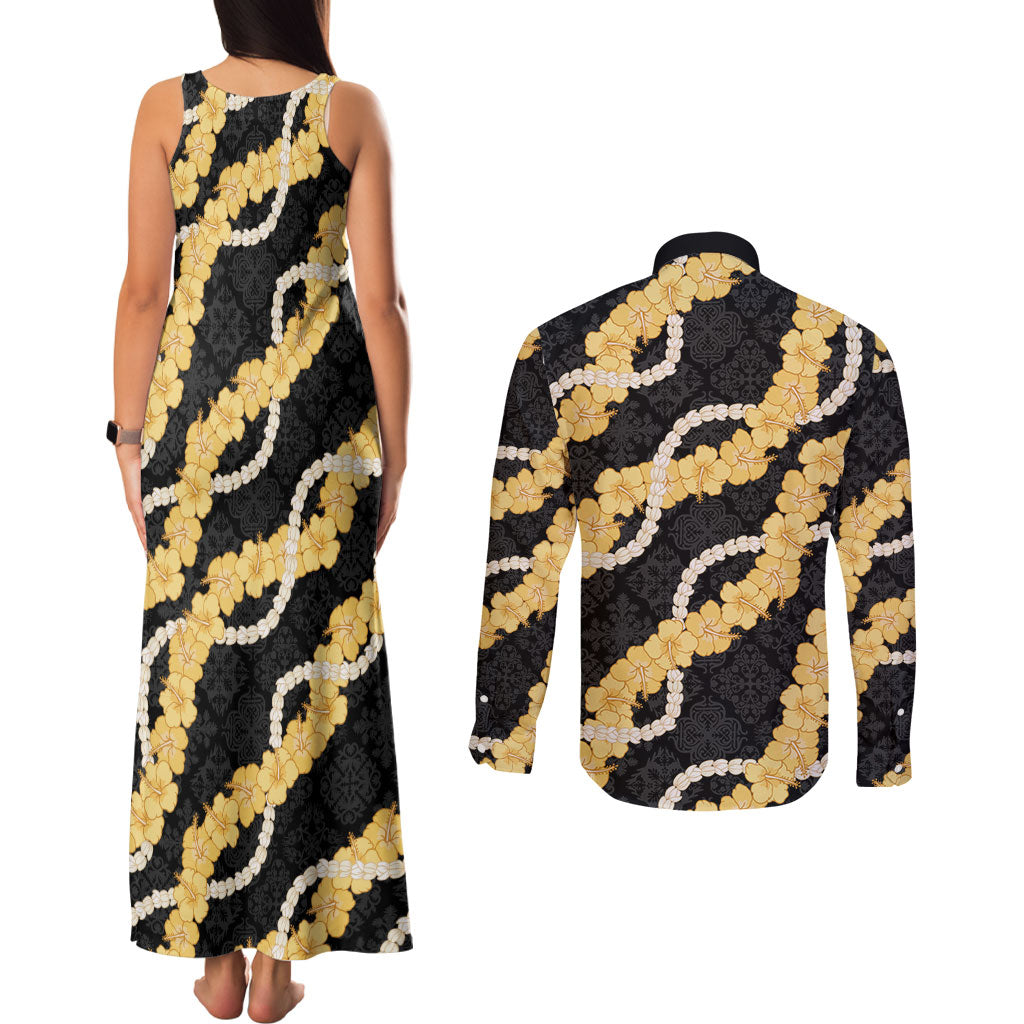 Aloha Melemele Hibiscus Pikake Lei Couples Matching Tank Maxi Dress and Long Sleeve Button Shirt Hawaiian Quilt Pattern LT9 - Polynesian Pride