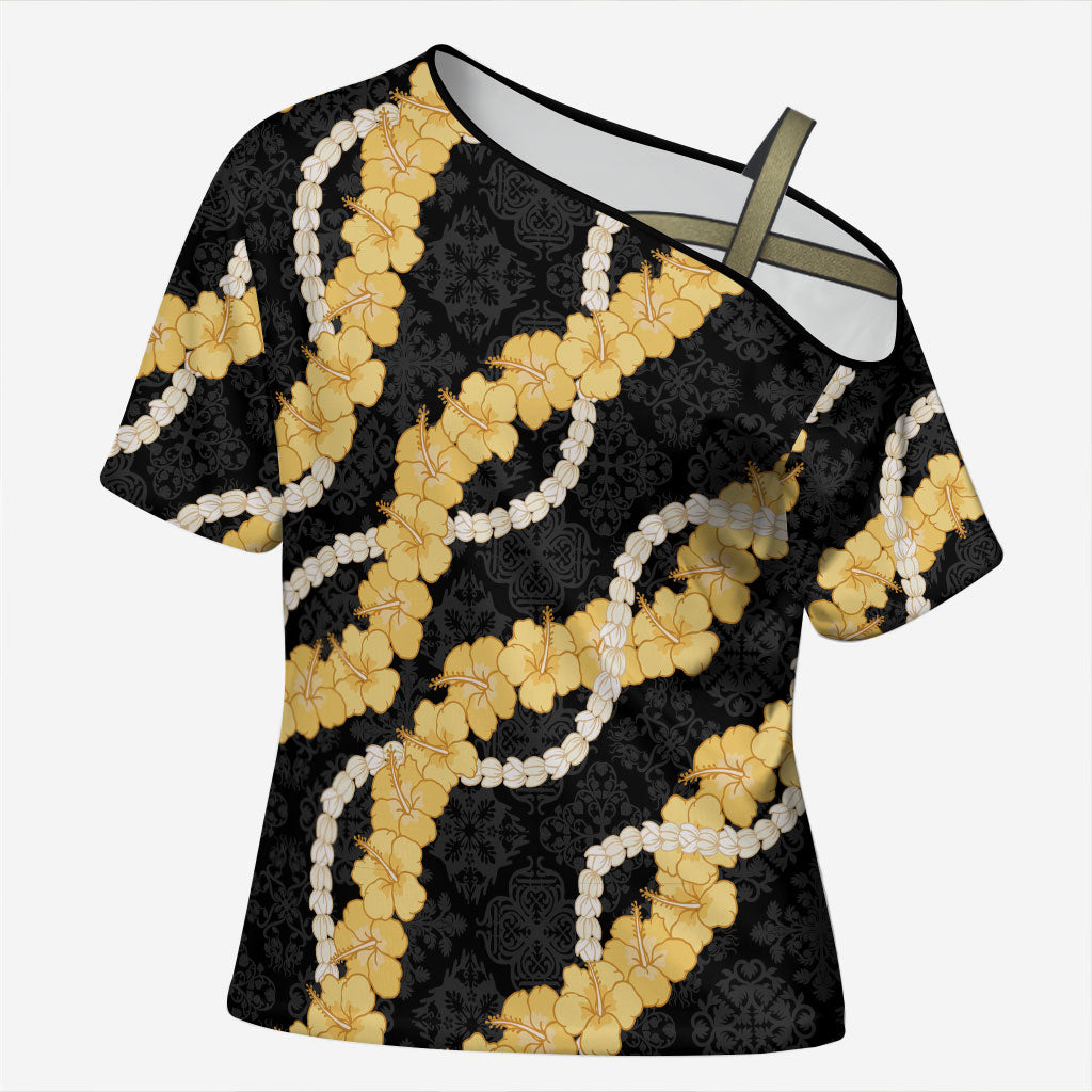Aloha Melemele Hibiscus Pikake Lei Cross Shoulder Shirt Hawaiian Quilt Pattern LT9 Female Black - Polynesian Pride