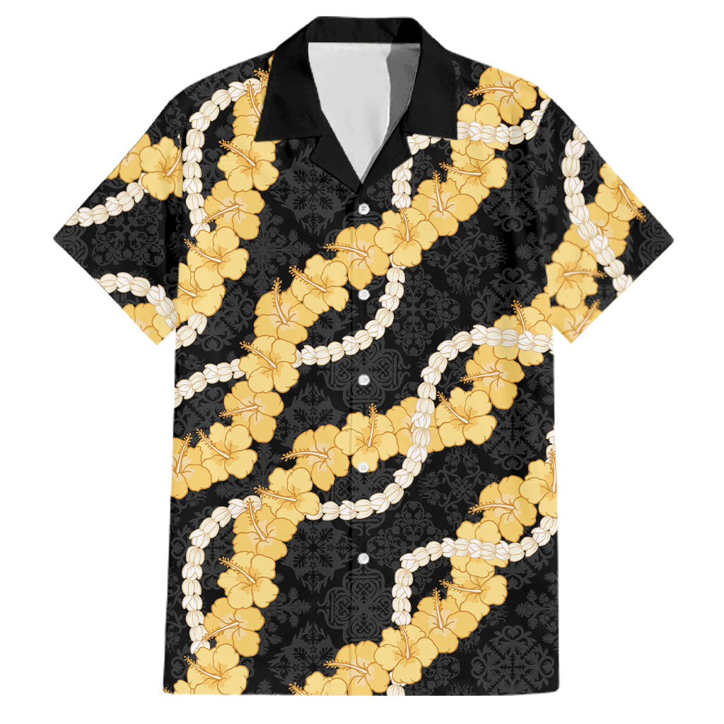 Aloha Melemele Hibiscus Pikake Lei Family Matching Off Shoulder Maxi Dress and Hawaiian Shirt Hawaiian Quilt Pattern LT9 Dad's Shirt - Short Sleeve Black - Polynesian Pride