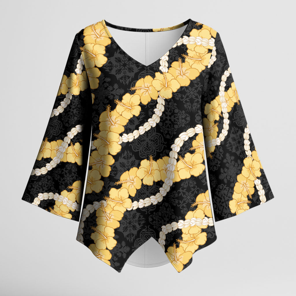 Aloha Melemele Hibiscus Pikake Lei Kimono Sleeve Blouse Hawaiian Quilt Pattern LT9 Female Black - Polynesian Pride