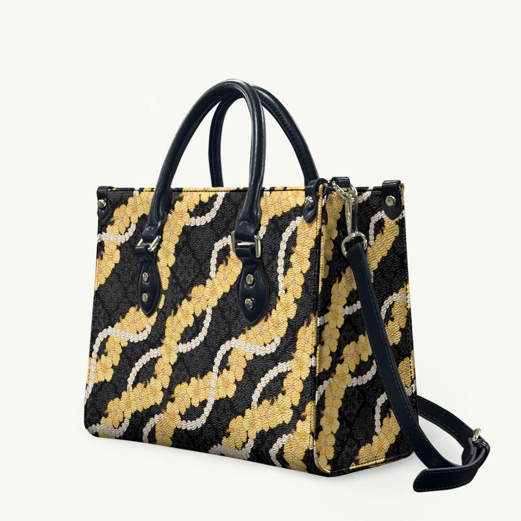 Aloha Melemele Hibiscus Pikake Lei Leather Bag Hawaiian Quilt Pattern LT9 Black - Polynesian Pride