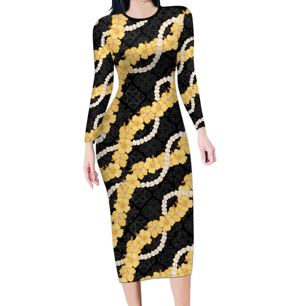 Aloha Melemele Hibiscus Pikake Lei Long Sleeve Bodycon Dress Hawaiian Quilt Pattern LT9 Long Dress Black - Polynesian Pride
