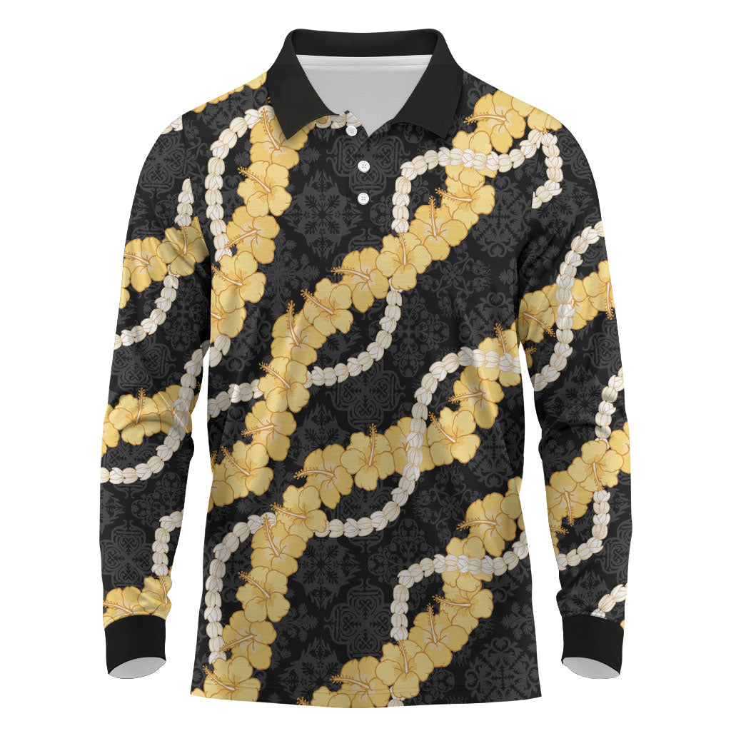 Aloha Melemele Hibiscus Pikake Lei Long Sleeve Polo Shirt Hawaiian Quilt Pattern LT9 Black - Polynesian Pride