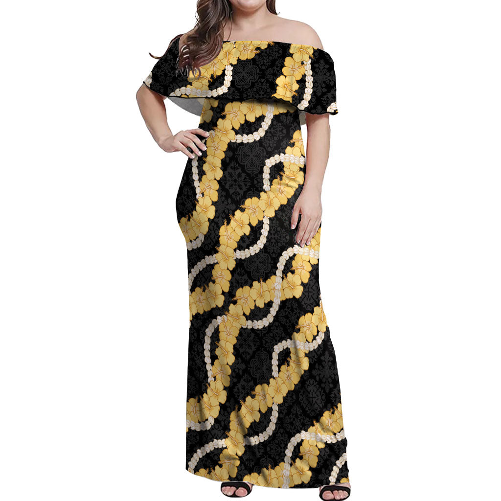 Aloha Melemele Hibiscus Pikake Lei Off Shoulder Maxi Dress Hawaiian Quilt Pattern LT9 Women Black - Polynesian Pride