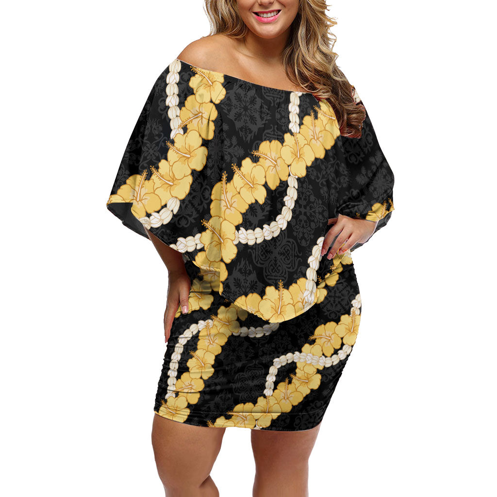 Aloha Melemele Hibiscus Pikake Lei Off Shoulder Short Dress Hawaiian Quilt Pattern LT9 Women Black - Polynesian Pride