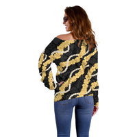 Aloha Melemele Hibiscus Pikake Lei Off Shoulder Sweater Hawaiian Quilt Pattern LT9 - Polynesian Pride