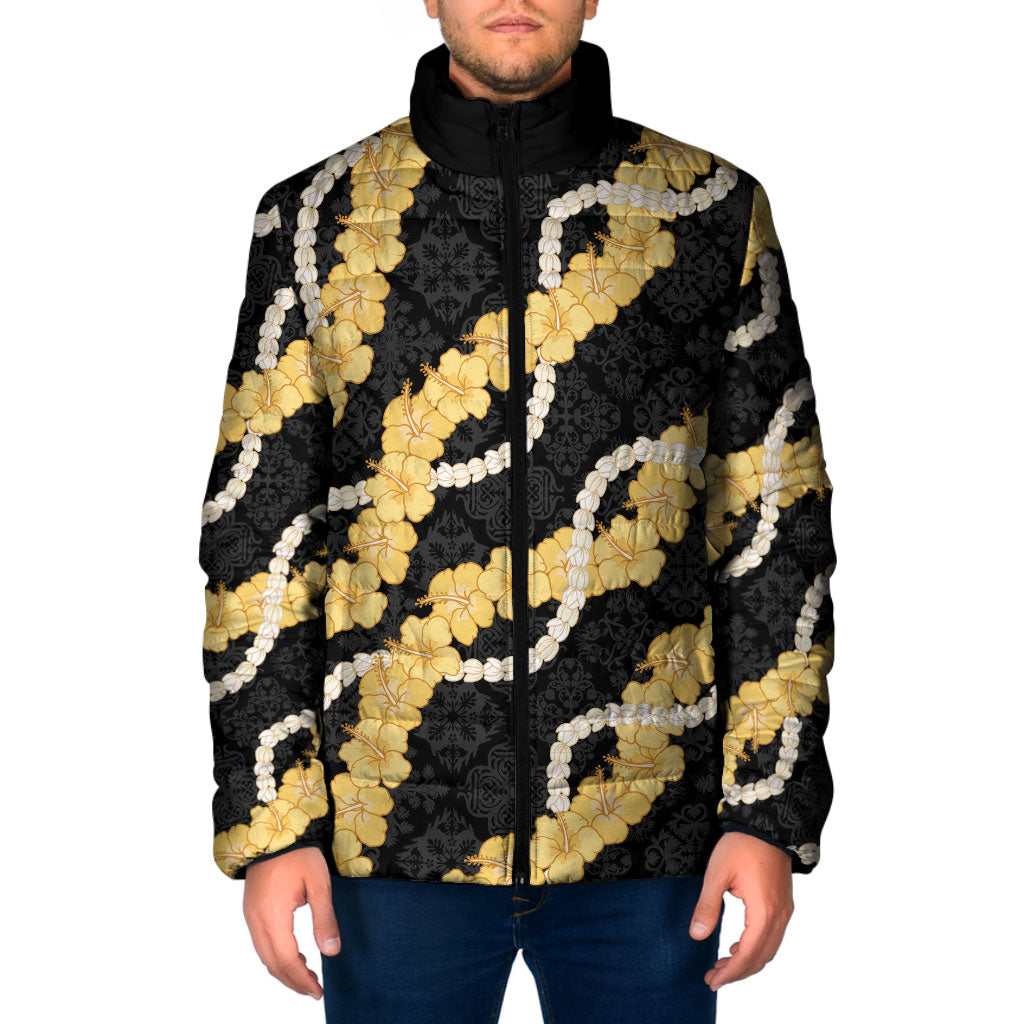 Aloha Melemele Hibiscus Pikake Lei Padded Jacket Hawaiian Quilt Pattern LT9 Men Black - Polynesian Pride