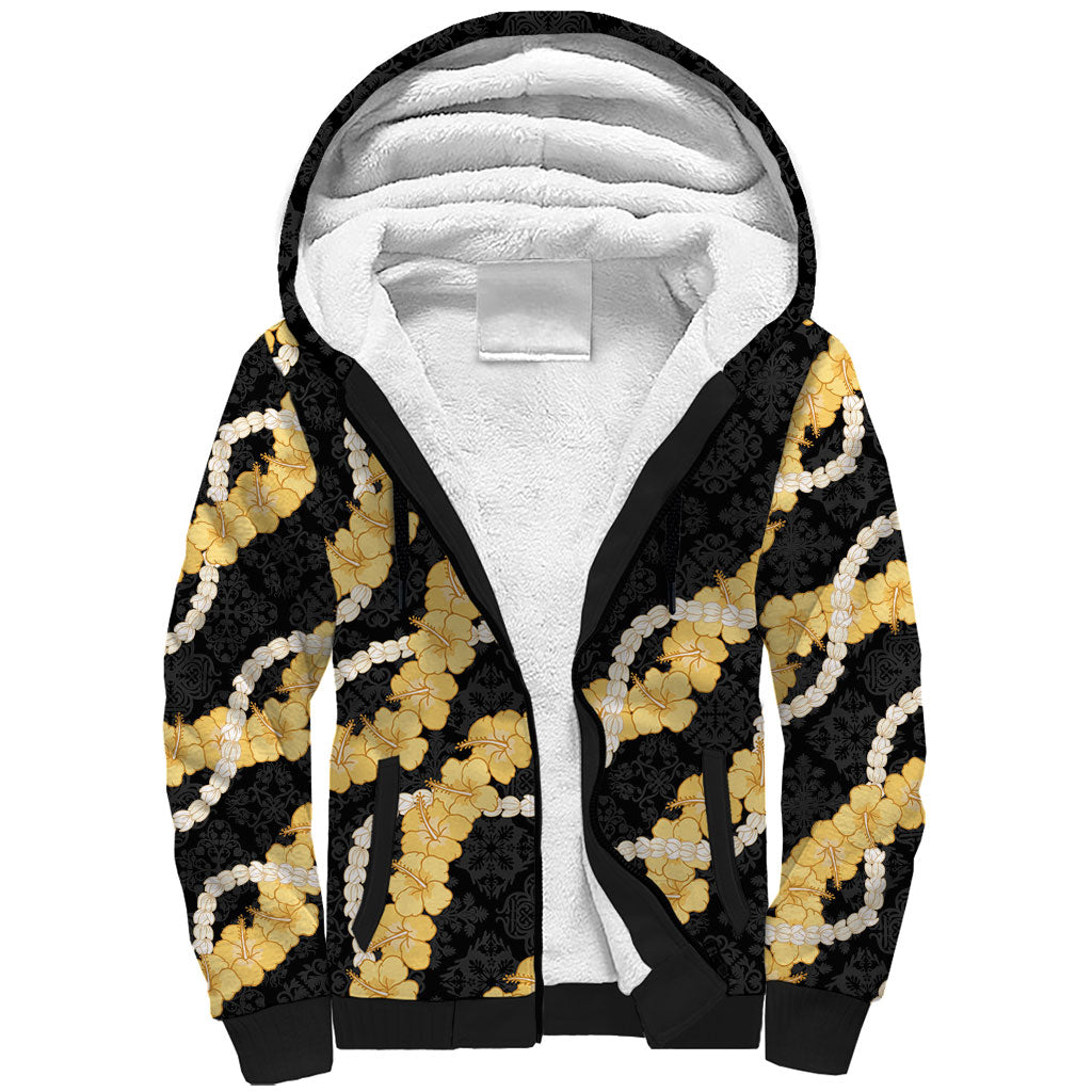 Aloha Melemele Hibiscus Pikake Lei Sherpa Hoodie Hawaiian Quilt Pattern LT9 Unisex Black - Polynesian Pride