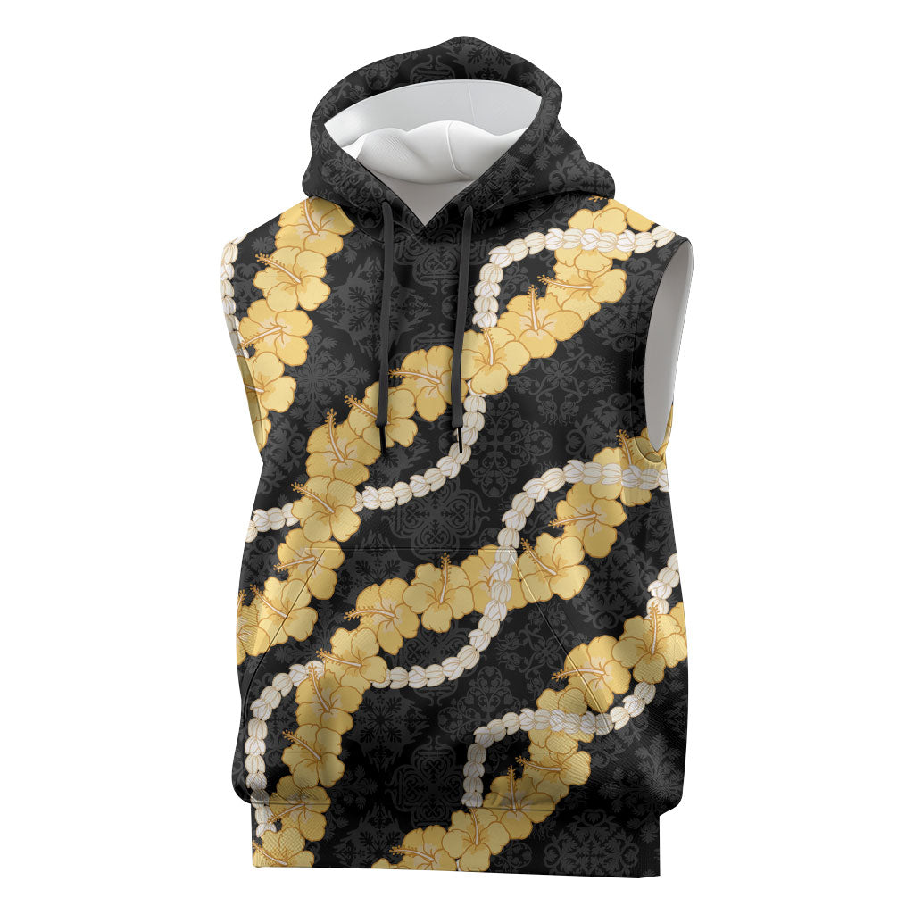 Aloha Melemele Hibiscus Pikake Lei Sleeveless Hoodie Hawaiian Quilt Pattern LT9 Black - Polynesian Pride