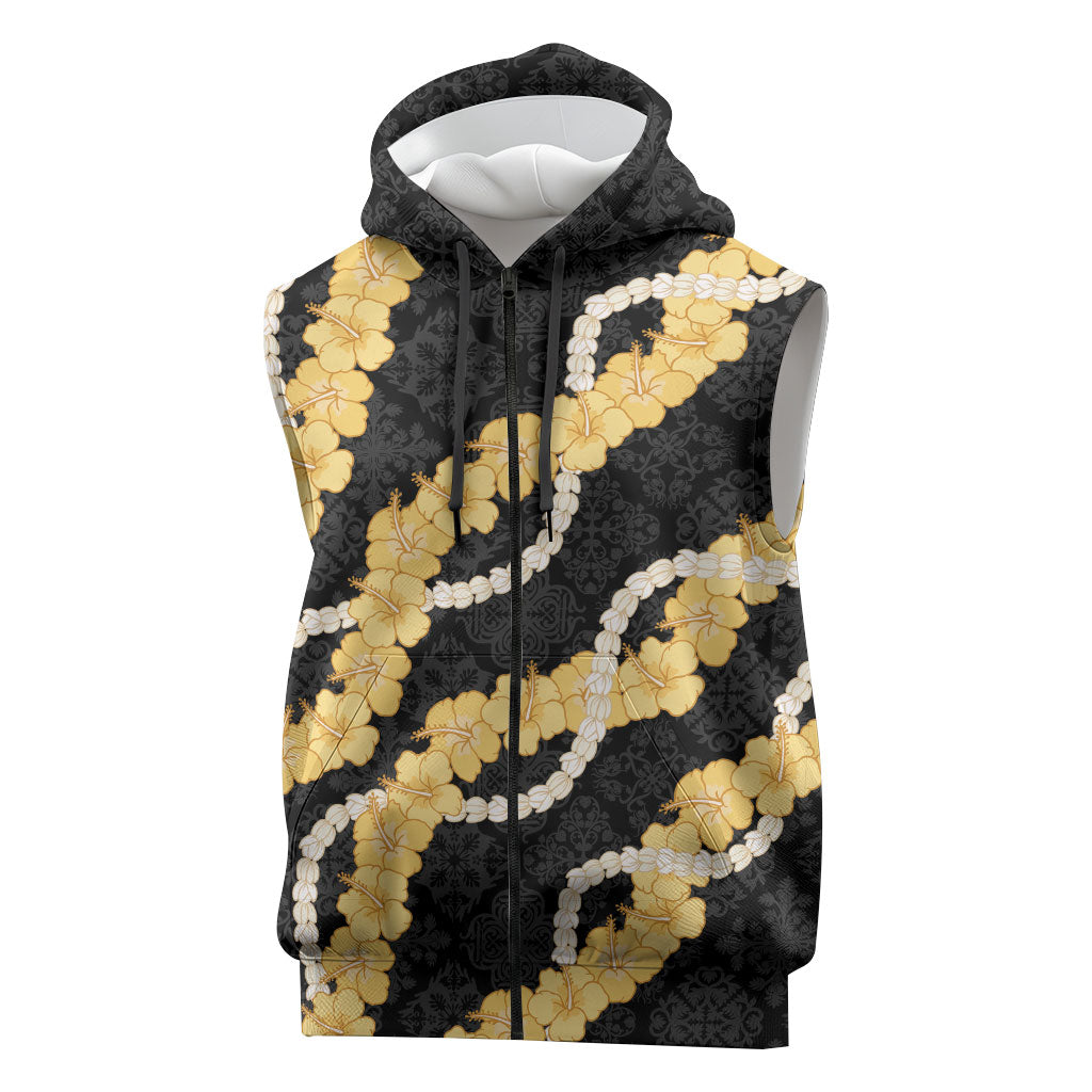 Aloha Melemele Hibiscus Pikake Lei Sleeveless Zip Hoodie Hawaiian Quilt Pattern LT9 Black - Polynesian Pride