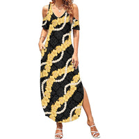 Aloha Melemele Hibiscus Pikake Lei Summer Maxi Dress Hawaiian Quilt Pattern LT9 Women Black - Polynesian Pride