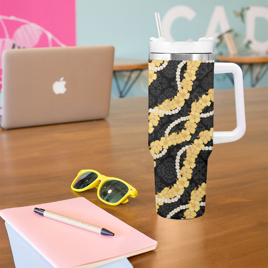 Aloha Melemele Hibiscus Pikake Lei Tumbler With Handle Hawaiian Quilt Pattern