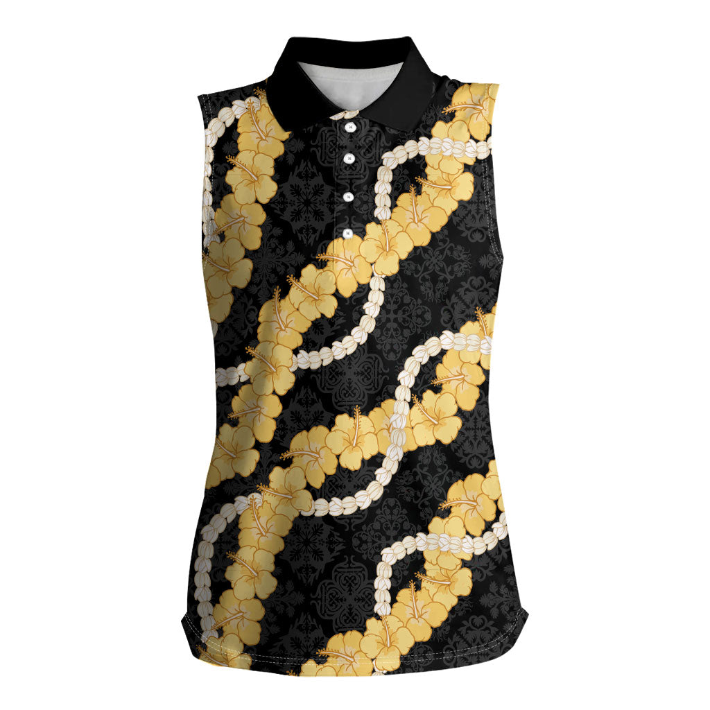 Aloha Melemele Hibiscus Pikake Lei Women Sleeveless Polo Shirt Hawaiian Quilt Pattern LT9 Female Black - Polynesian Pride