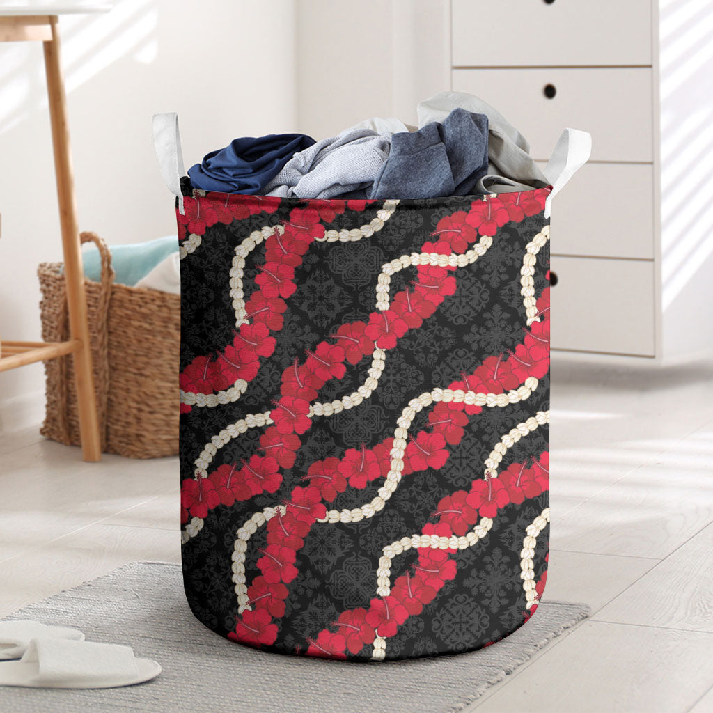 Aloha Ula'ula Hibiscus Pikake Lei Laundry Basket Hawaiian Quilt Pattern LT9 Black - Polynesian Pride