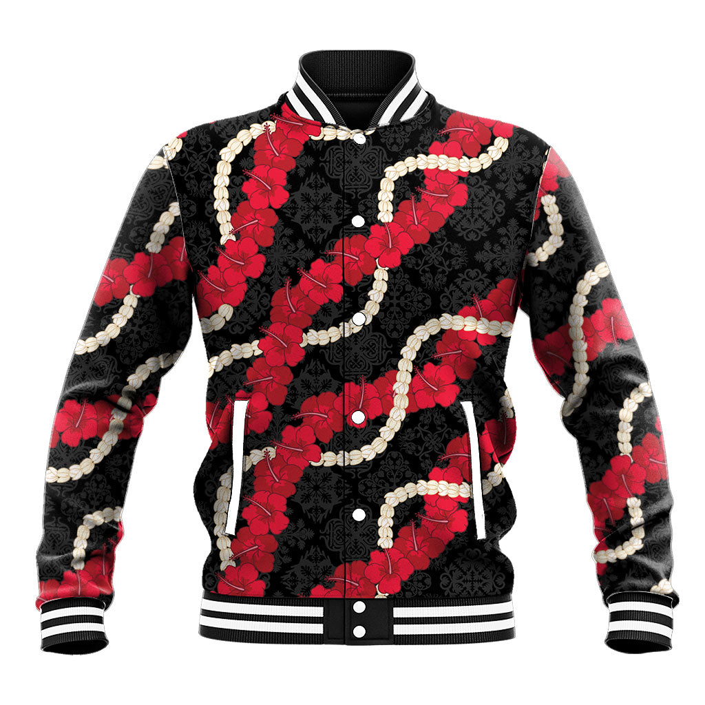 Aloha Ula'ula Hibiscus Pikake Lei Baseball Jacket Hawaiian Quilt Pattern LT9 Unisex Black - Polynesian Pride