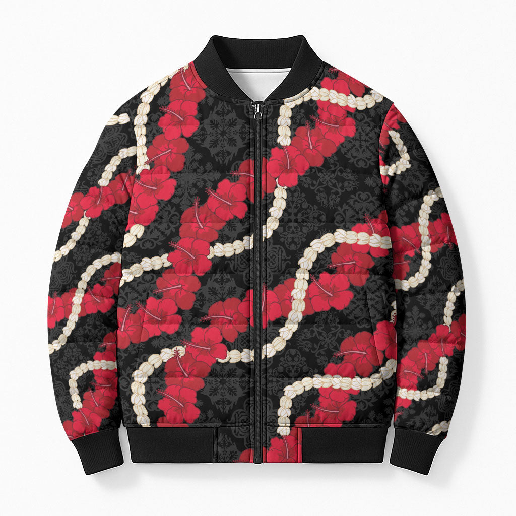 Aloha Ula'ula Hibiscus Pikake Lei Bomber Puffer Jacket Hawaiian Quilt Pattern LT9 Unisex Black - Polynesian Pride