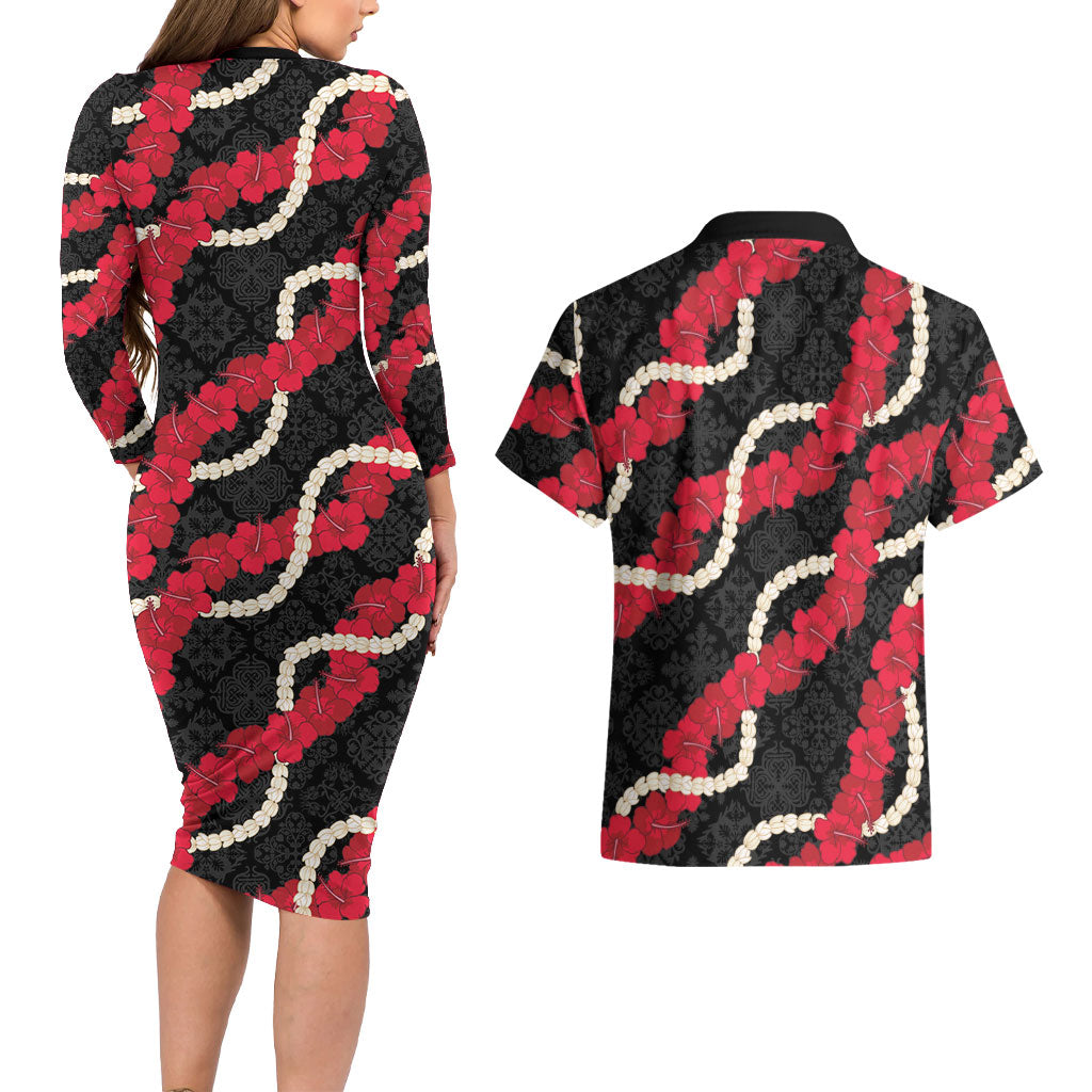 Aloha Ula'ula Hibiscus Pikake Lei Couples Matching Long Sleeve Bodycon Dress and Hawaiian Shirt Hawaiian Quilt Pattern