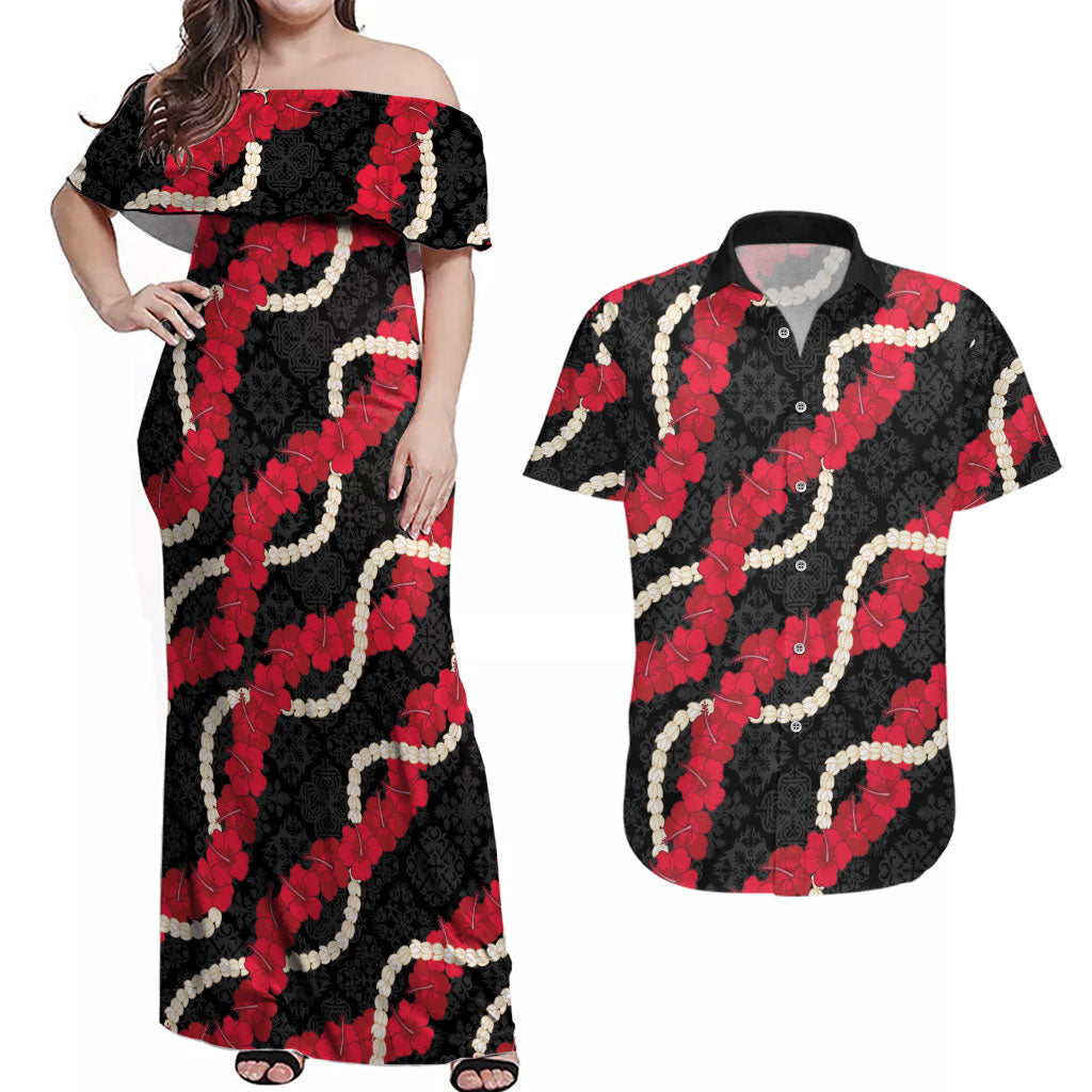 Aloha Ula'ula Hibiscus Pikake Lei Couples Matching Off Shoulder Maxi Dress and Hawaiian Shirt Hawaiian Quilt Pattern LT9 Black - Polynesian Pride