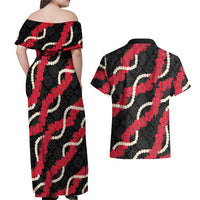 Aloha Ula'ula Hibiscus Pikake Lei Couples Matching Off Shoulder Maxi Dress and Hawaiian Shirt Hawaiian Quilt Pattern LT9 - Polynesian Pride