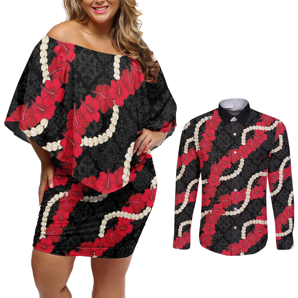 Aloha Ula'ula Hibiscus Pikake Lei Couples Matching Off Shoulder Short Dress and Long Sleeve Button Shirt Hawaiian Quilt Pattern LT9 Black - Polynesian Pride