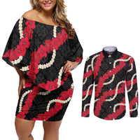 Aloha Ula'ula Hibiscus Pikake Lei Couples Matching Off Shoulder Short Dress and Long Sleeve Button Shirt Hawaiian Quilt Pattern LT9 Black - Polynesian Pride