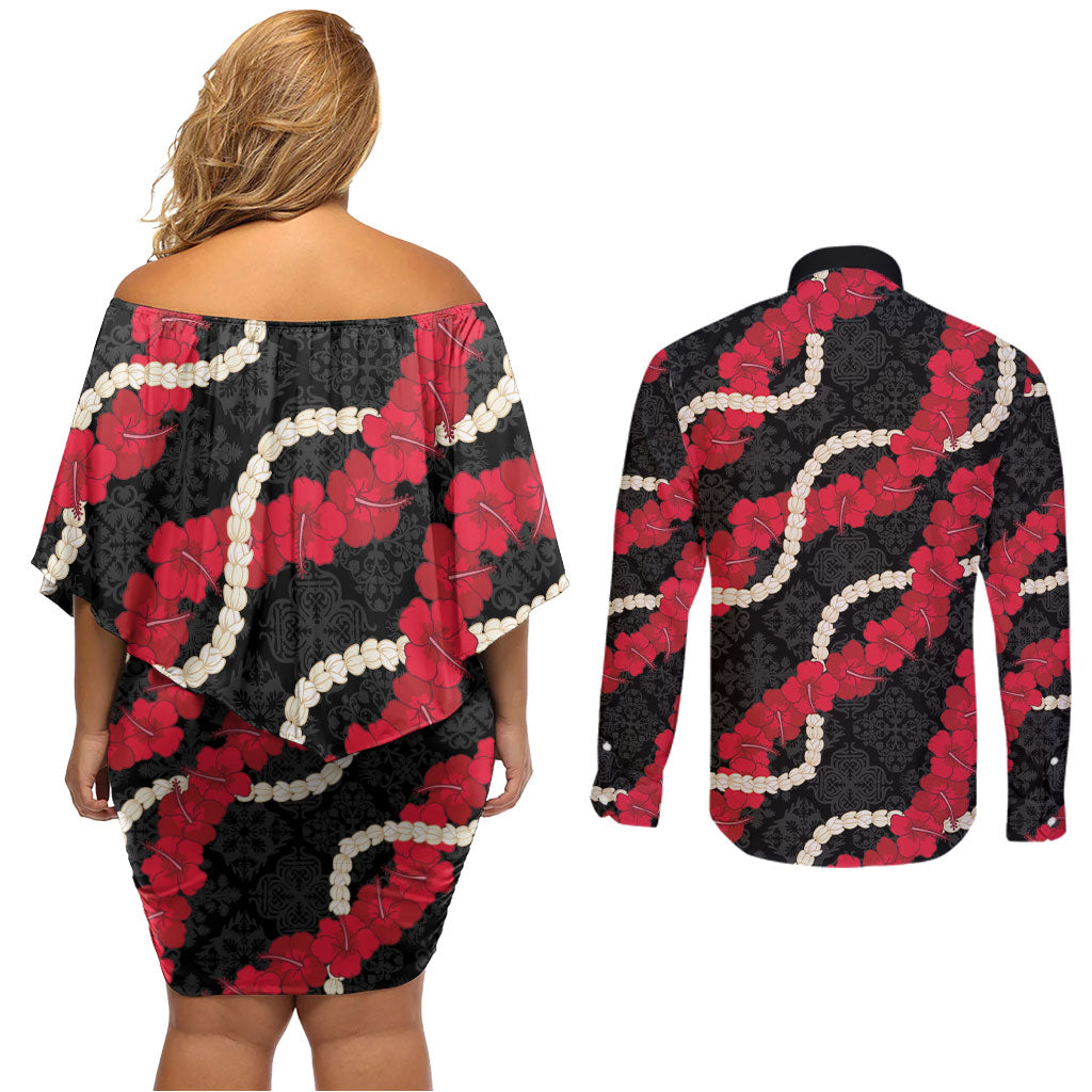 Aloha Ula'ula Hibiscus Pikake Lei Couples Matching Off Shoulder Short Dress and Long Sleeve Button Shirt Hawaiian Quilt Pattern LT9 - Polynesian Pride