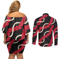 Aloha Ula'ula Hibiscus Pikake Lei Couples Matching Off Shoulder Short Dress and Long Sleeve Button Shirt Hawaiian Quilt Pattern LT9 - Polynesian Pride