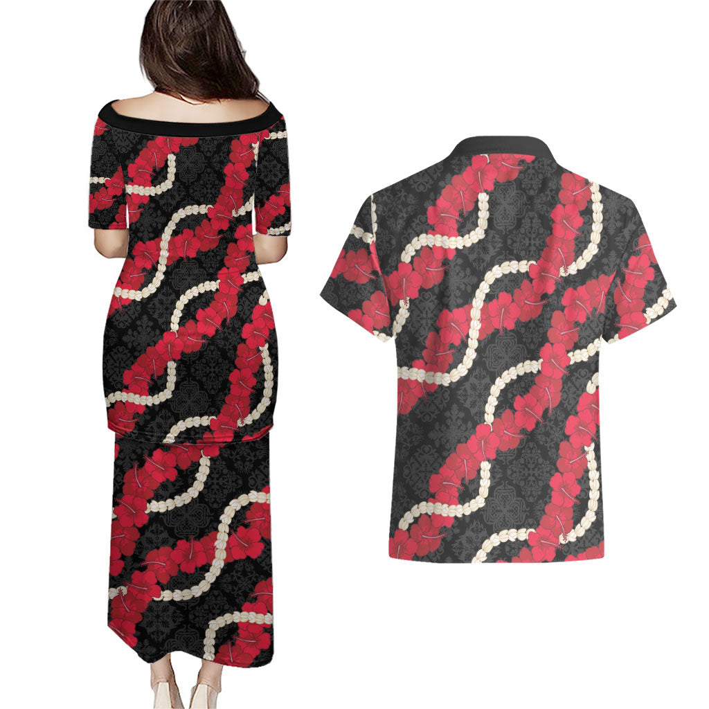 Aloha Ula'ula Hibiscus Pikake Lei Couples Matching Puletasi and Hawaiian Shirt Hawaiian Quilt Pattern