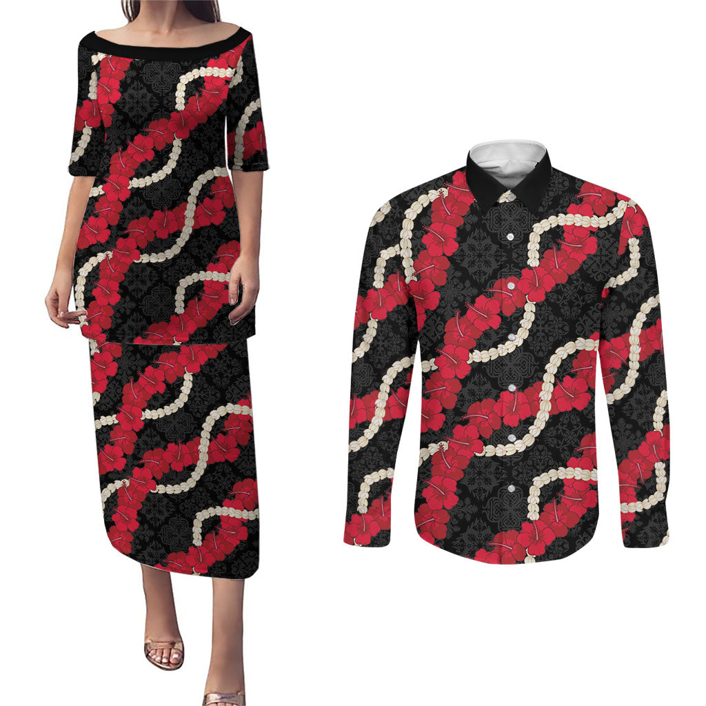 Aloha Ula'ula Hibiscus Pikake Lei Couples Matching Puletasi and Long Sleeve Button Shirt Hawaiian Quilt Pattern