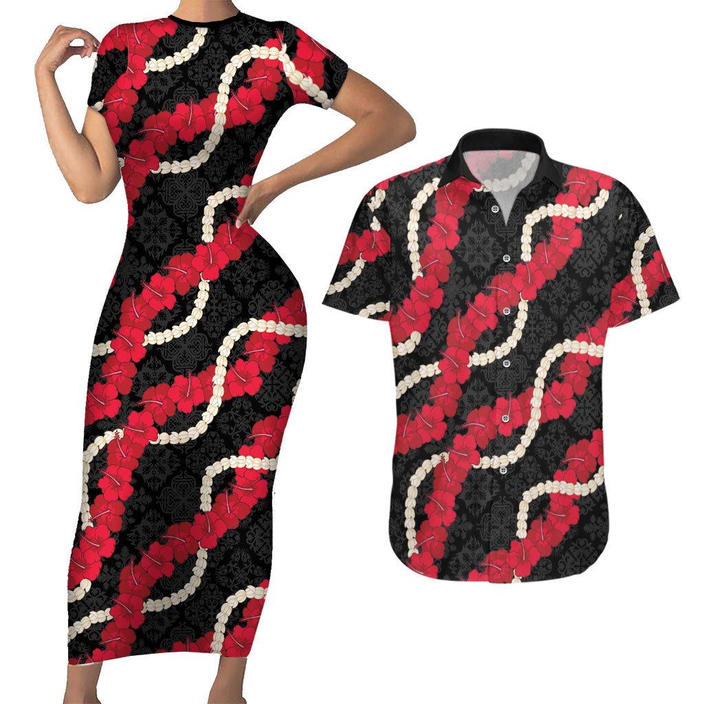Aloha Ula'ula Hibiscus Pikake Lei Couples Matching Short Sleeve Bodycon Dress and Hawaiian Shirt Hawaiian Quilt Pattern LT9 Black - Polynesian Pride