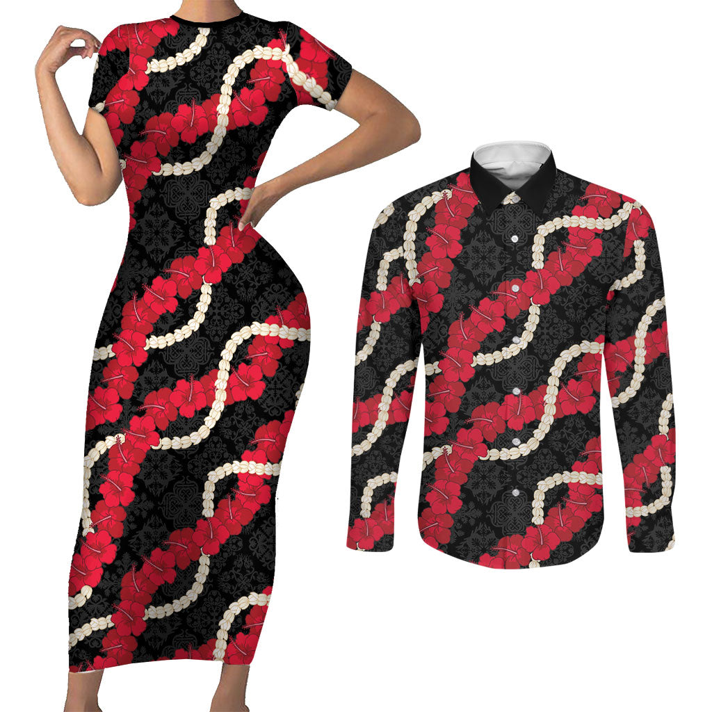 Aloha Ula'ula Hibiscus Pikake Lei Couples Matching Short Sleeve Bodycon Dress and Long Sleeve Button Shirt Hawaiian Quilt Pattern LT9 Black - Polynesian Pride