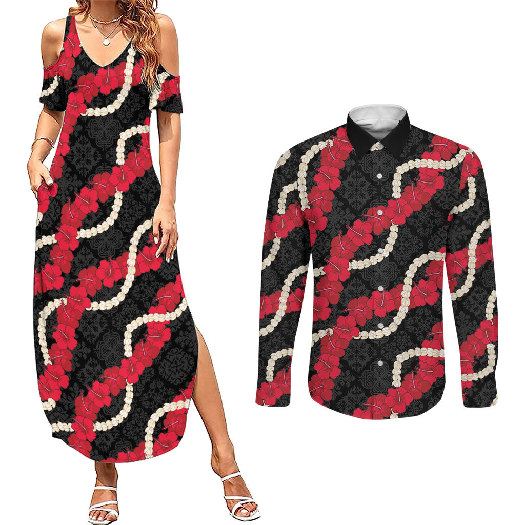 Aloha Ula'ula Hibiscus Pikake Lei Couples Matching Summer Maxi Dress and Long Sleeve Button Shirt Hawaiian Quilt Pattern LT9 Black - Polynesian Pride
