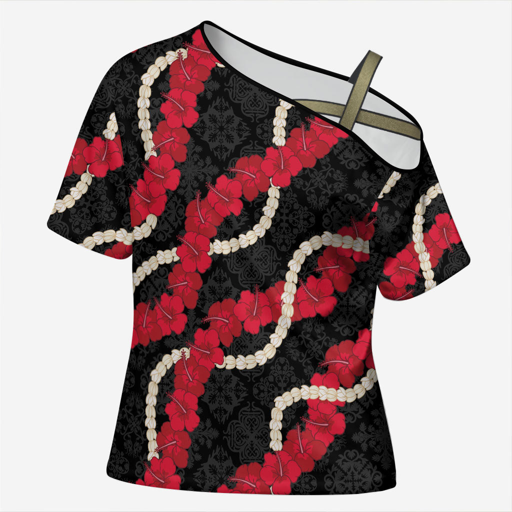 Aloha Ula'ula Hibiscus Pikake Lei Cross Shoulder Shirt Hawaiian Quilt Pattern LT9 Female Black - Polynesian Pride