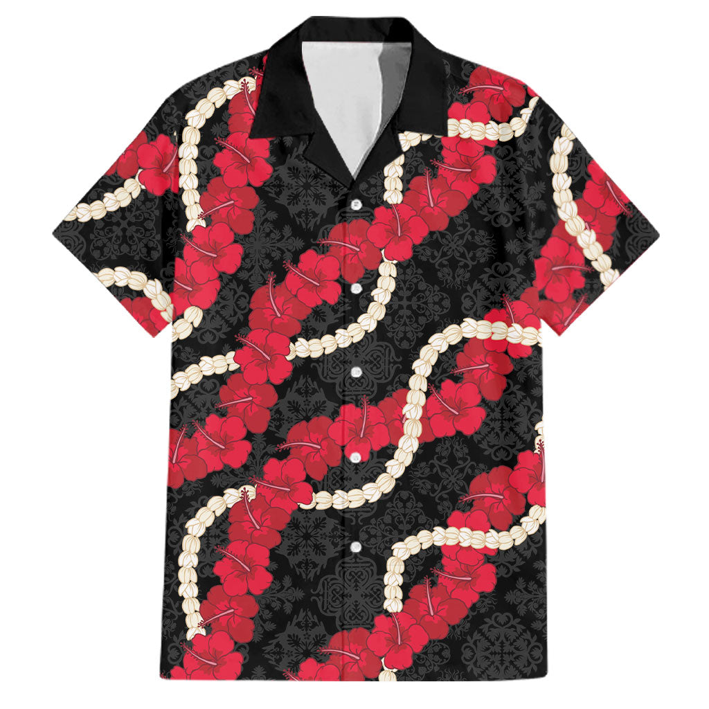 Aloha Ula'ula Hibiscus Pikake Lei Family Matching Off Shoulder Short Dress and Hawaiian Shirt Hawaiian Quilt Pattern LT9 Dad's Shirt - Short Sleeve Black - Polynesian Pride