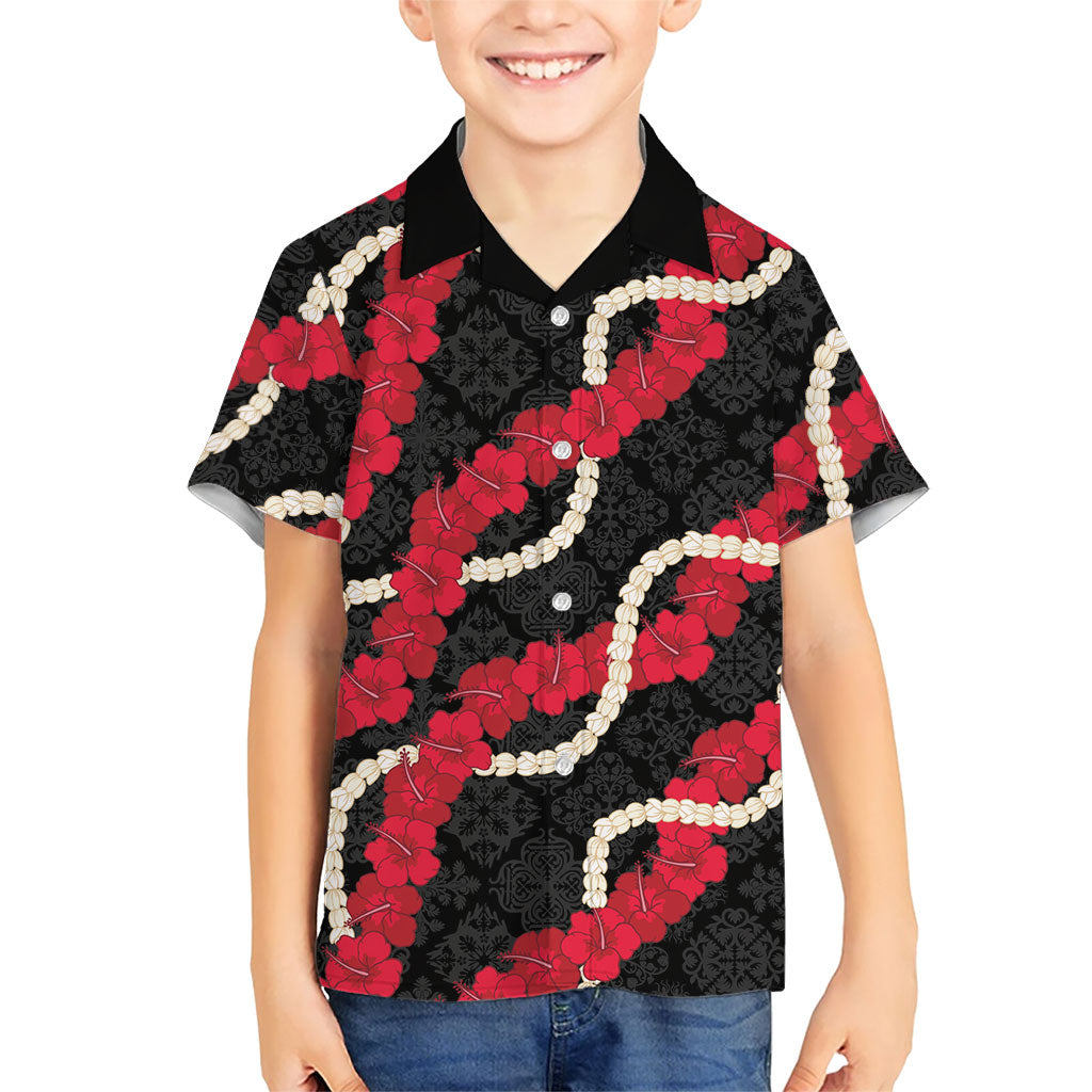 Aloha Ula'ula Hibiscus Pikake Lei Family Matching Off Shoulder Short Dress and Hawaiian Shirt Hawaiian Quilt Pattern LT9 Son's Shirt Black - Polynesian Pride