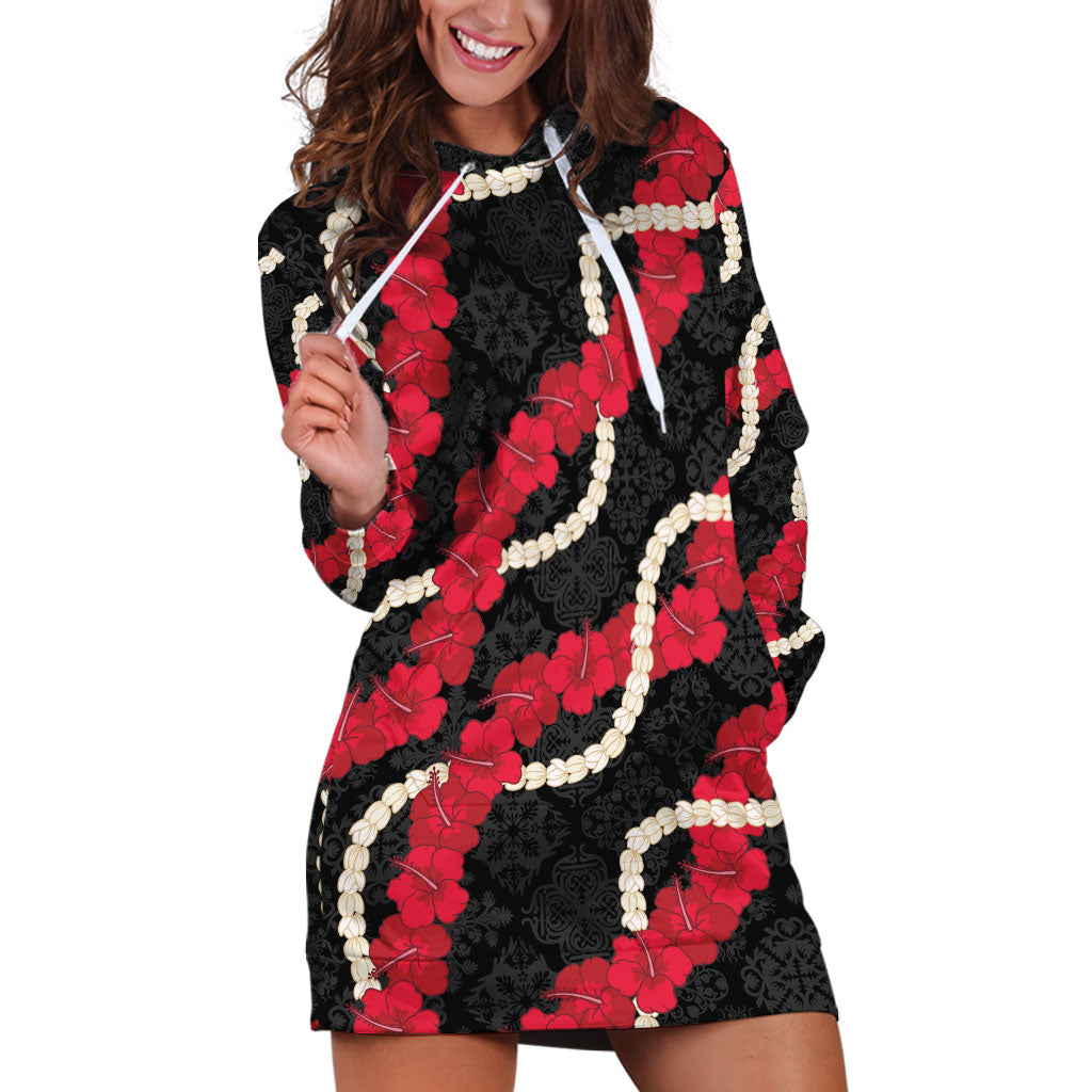 Aloha Ula'ula Hibiscus Pikake Lei Hoodie Dress Hawaiian Quilt Pattern LT9 Black - Polynesian Pride