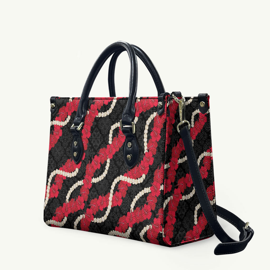 Aloha Ula'ula Hibiscus Pikake Lei Leather Bag Hawaiian Quilt Pattern LT9 Black - Polynesian Pride