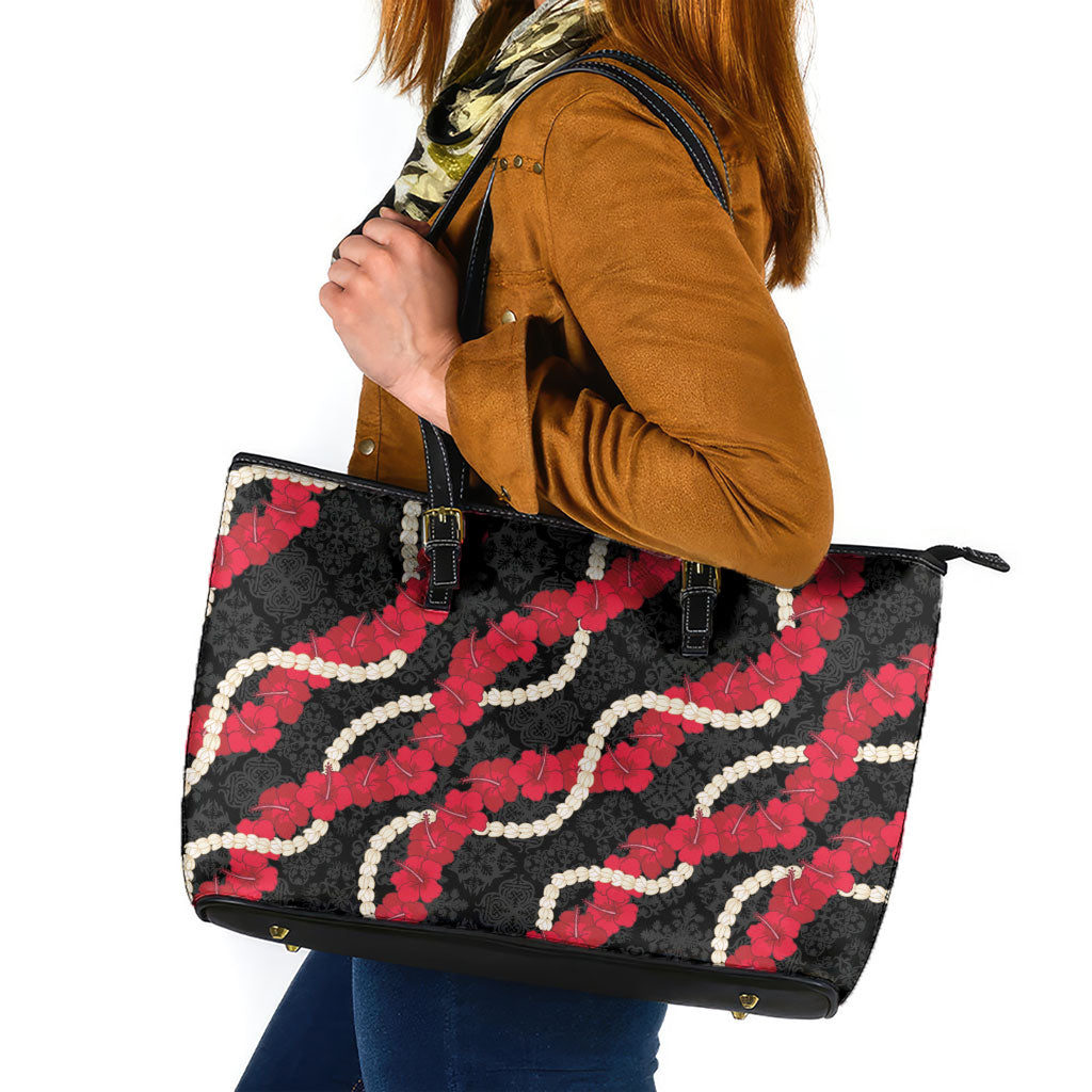 Aloha Ula'ula Hibiscus Pikake Lei Leather Tote Bag Hawaiian Quilt Pattern LT9 Black - Polynesian Pride
