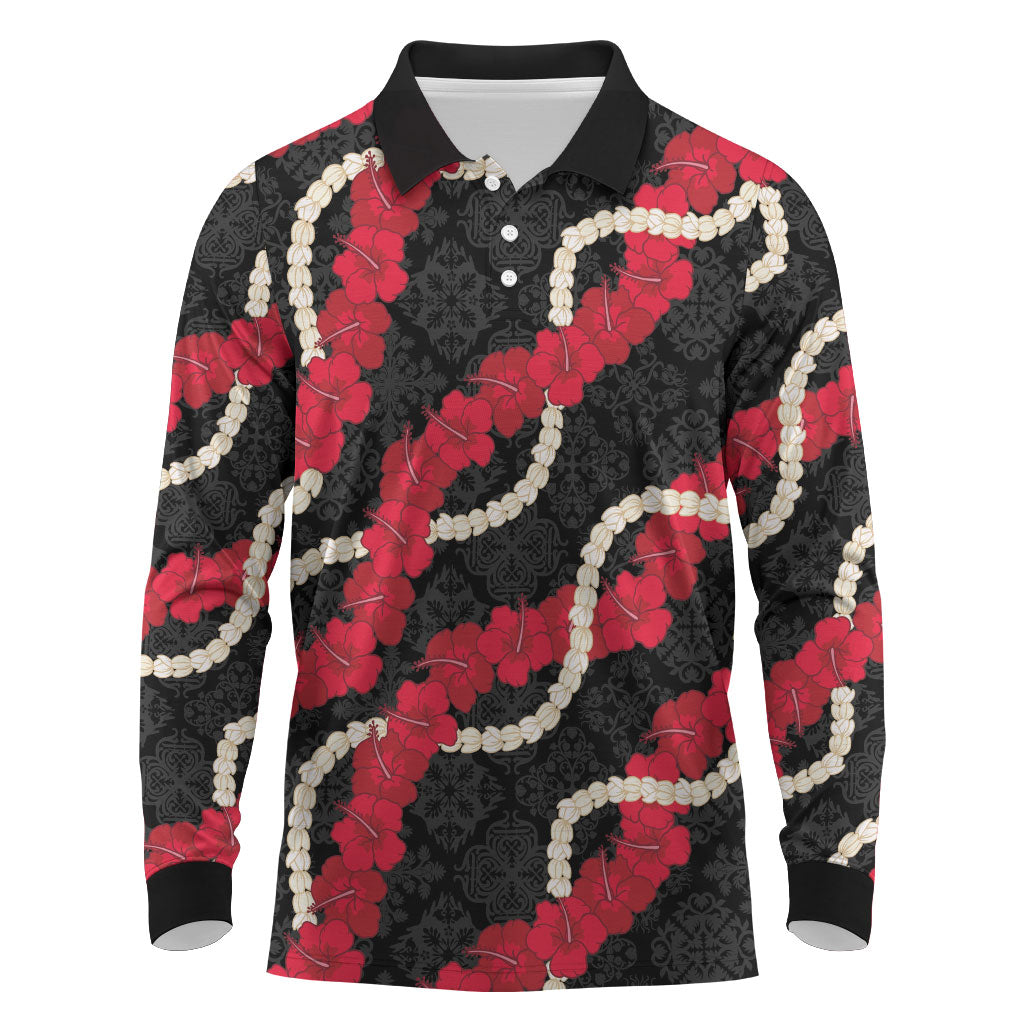 Aloha Ula'ula Hibiscus Pikake Lei Long Sleeve Polo Shirt Hawaiian Quilt Pattern LT9 Black - Polynesian Pride