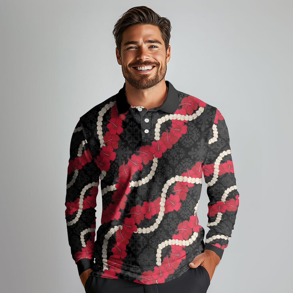 Aloha Ula'ula Hibiscus Pikake Lei Long Sleeve Polo Shirt Hawaiian Quilt Pattern