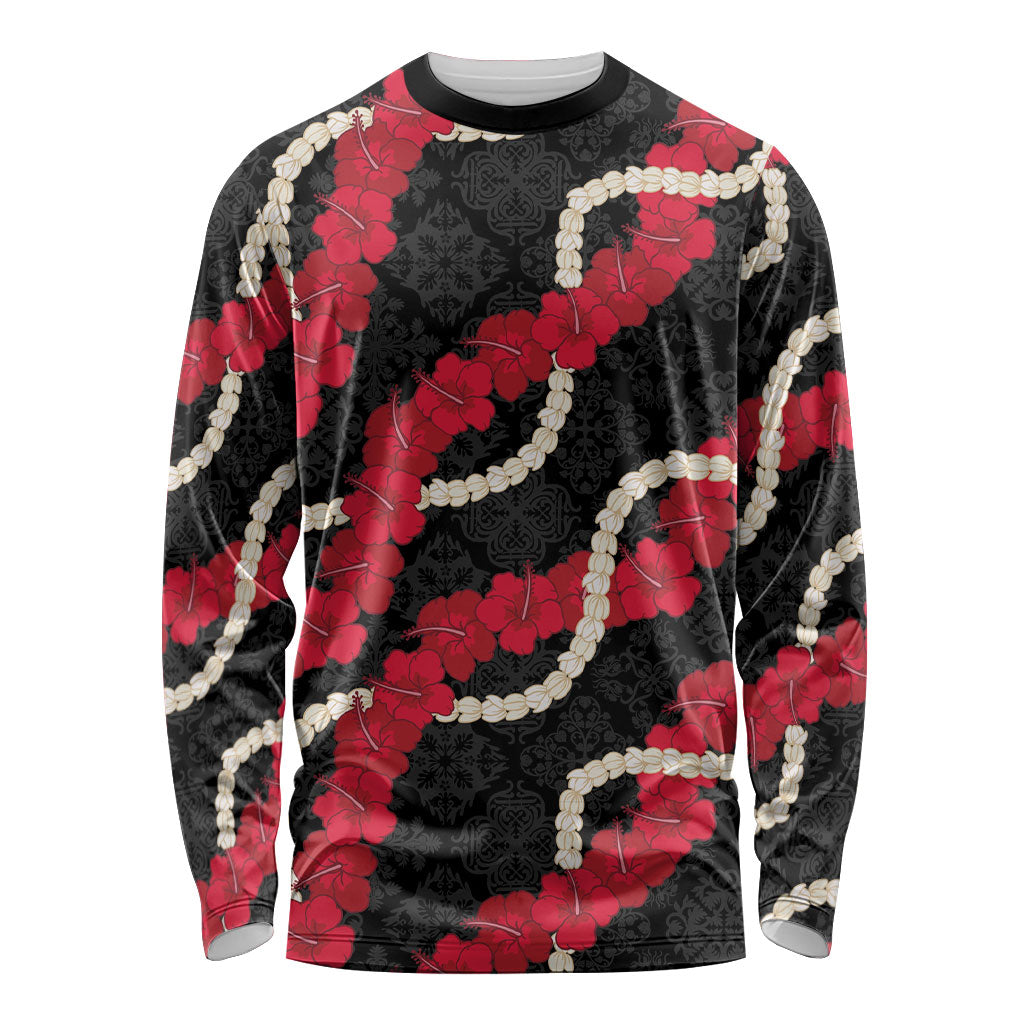 Aloha Ula'ula Hibiscus Pikake Lei Long Sleeve Shirt Hawaiian Quilt Pattern LT9 Unisex Black - Polynesian Pride