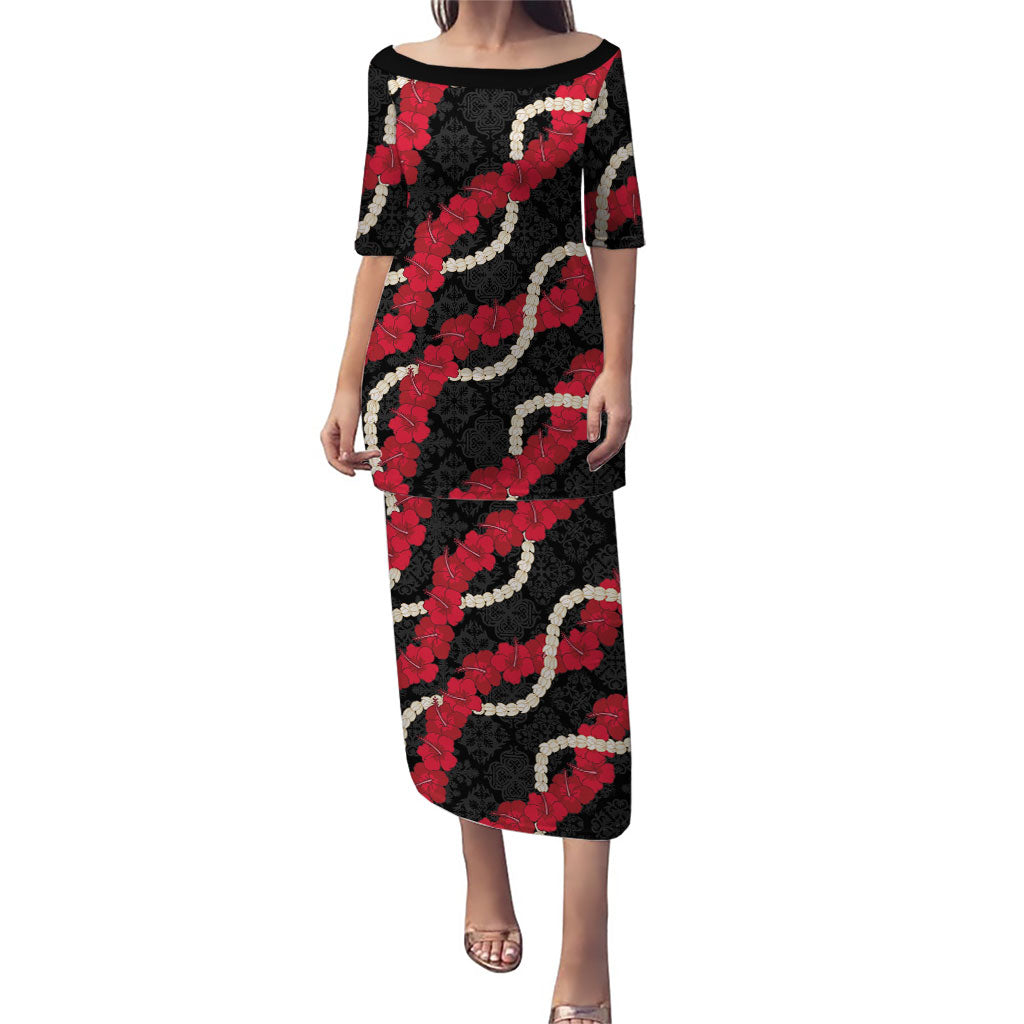 Aloha Ula'ula Hibiscus Pikake Lei Puletasi Hawaiian Quilt Pattern LT9 Long Dress Black - Polynesian Pride