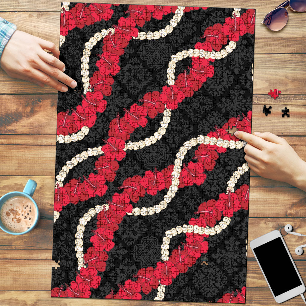 Aloha Ula'ula Hibiscus Pikake Lei Puzzle Hawaiian Quilt Pattern LT9 Black - Polynesian Pride