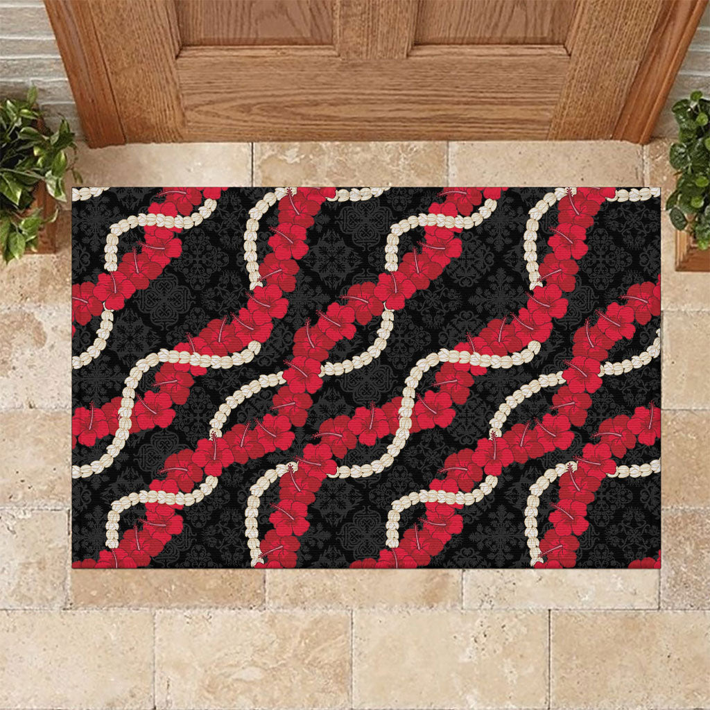 Aloha Ula'ula Hibiscus Pikake Lei Rubber Doormat Hawaiian Quilt Pattern LT9 Black - Polynesian Pride