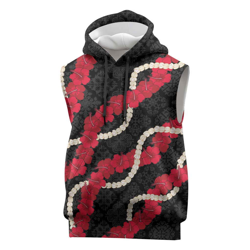 Aloha Ula'ula Hibiscus Pikake Lei Sleeveless Hoodie Hawaiian Quilt Pattern LT9 Black - Polynesian Pride