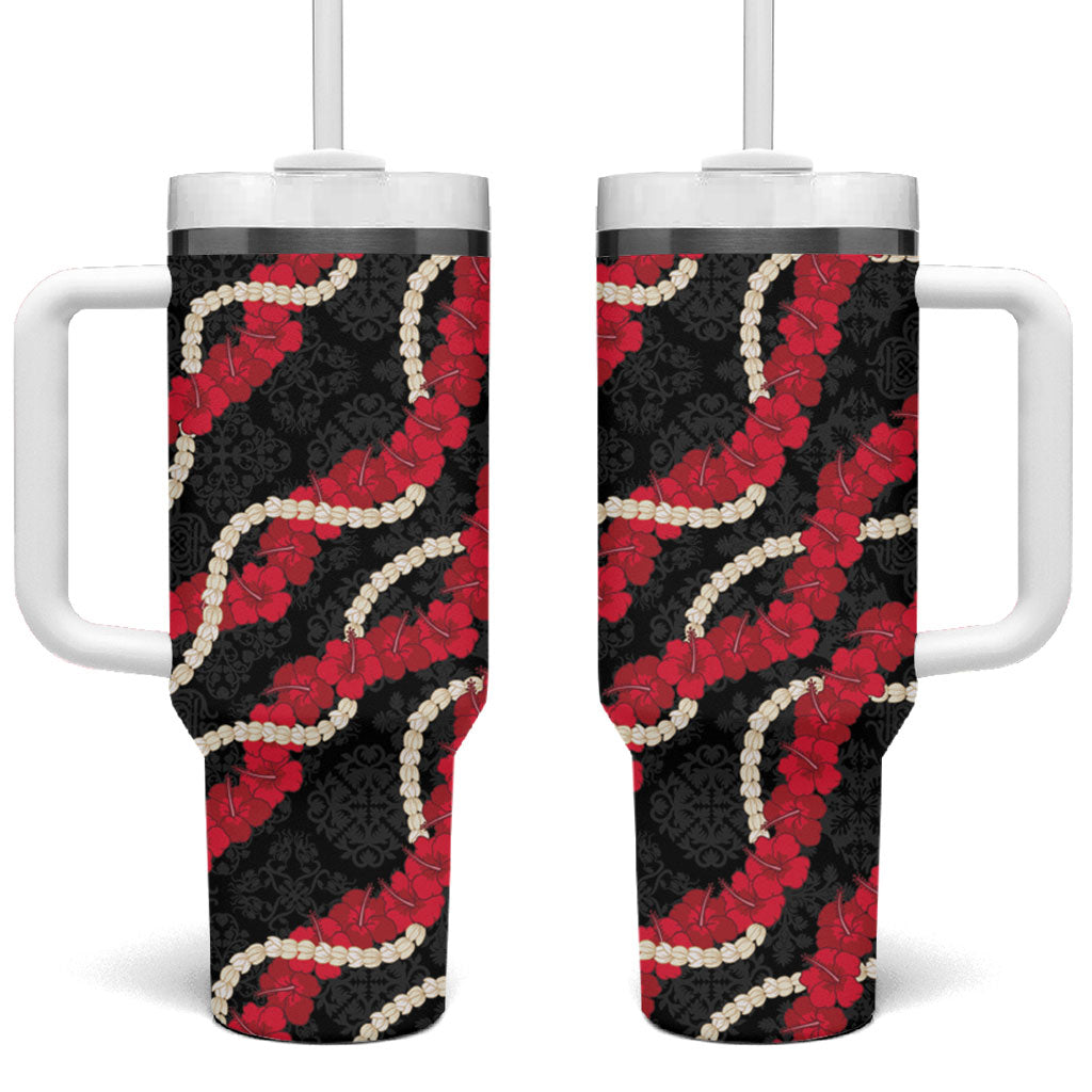 Aloha Ula'ula Hibiscus Pikake Lei Tumbler With Handle Hawaiian Quilt Pattern LT9 One Size: 40 oz Black - Polynesian Pride