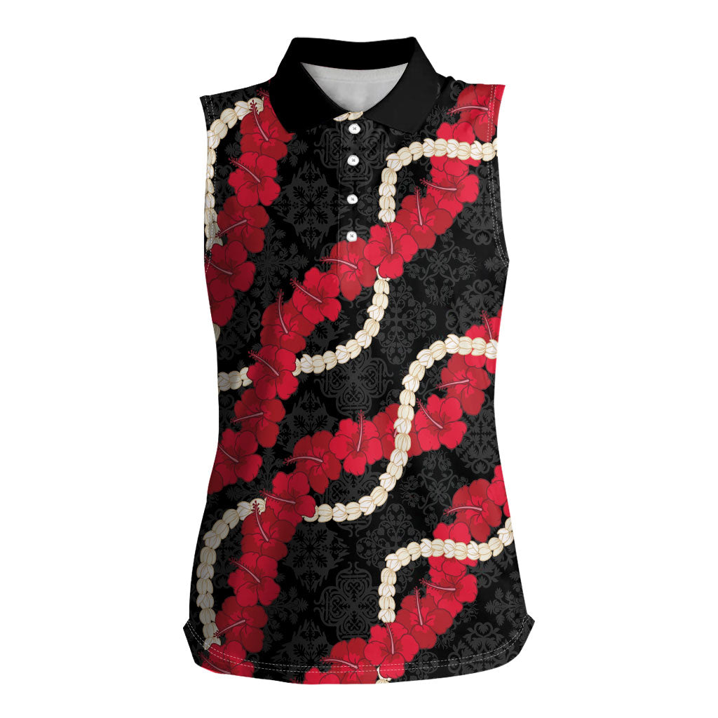 Aloha Ula'ula Hibiscus Pikake Lei Women Sleeveless Polo Shirt Hawaiian Quilt Pattern LT9 Female Black - Polynesian Pride