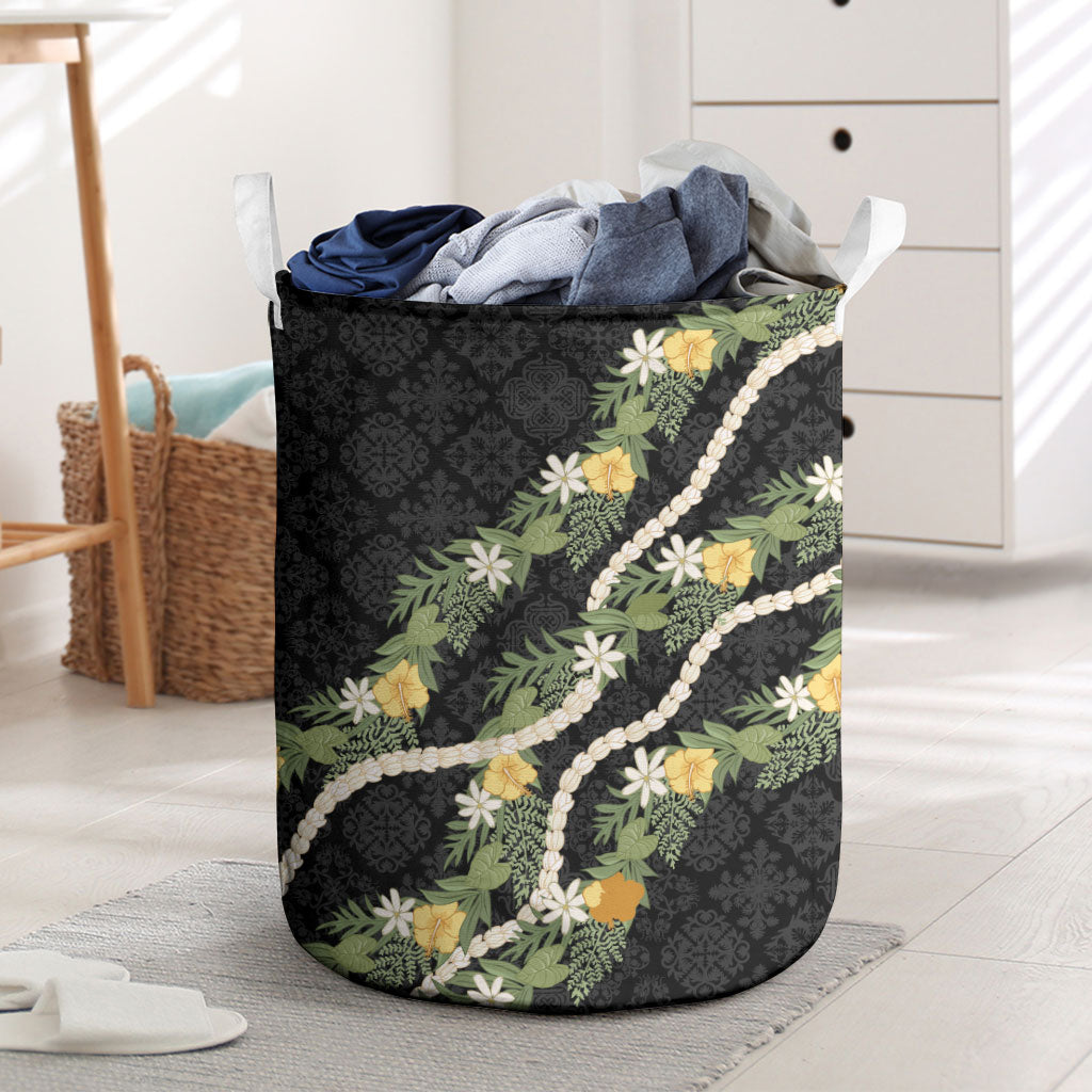 Puakenikeni Anthurium Pikake Lei Laundry Basket Hawaiian Quilt Pattern LT9 Black - Polynesian Pride